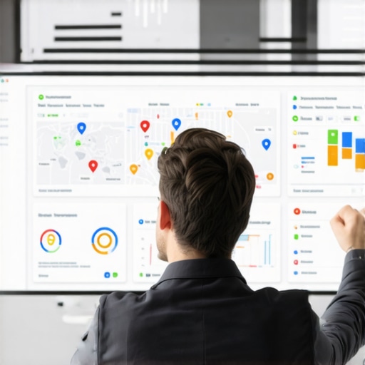 Marketer analyzing local SEO analytics on digital dashboard with Google Maps insights.
