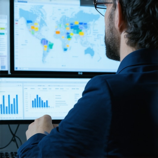 Data-Driven Local SEO Analysis Expert analyzing local SEO analytics on a digital screen with maps and graphs