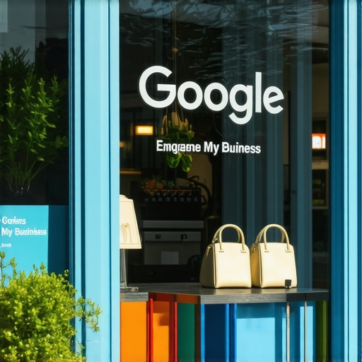 A busy storefront with a digital overlay of Google My Business profile elements.