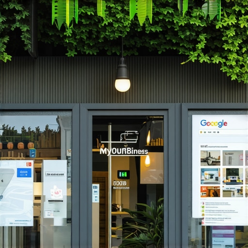 A bustling local storefront with digital overlays showing Google My Business profile features and engagement icons.