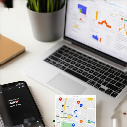 Local SEO Data Analytics Workspace Person analyzing local SEO metrics on a laptop with maps and analytics tools.