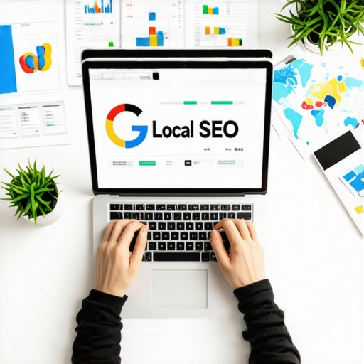 Person analyzing local SEO data on laptop with maps and charts.