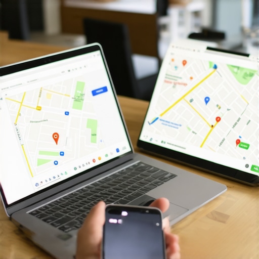 Business owner updating Google Maps listing on laptop and smartphone