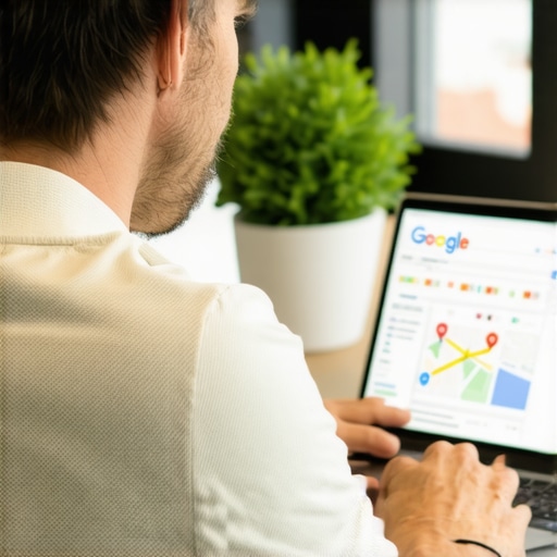 Business owner optimizing Google Maps profile on a laptop.
