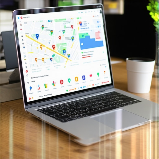 Business owner working on Google Maps profile optimization with laptop and charts.
