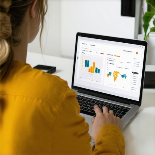 Business owner analyzing local SEO performance on a computer with maps and data charts