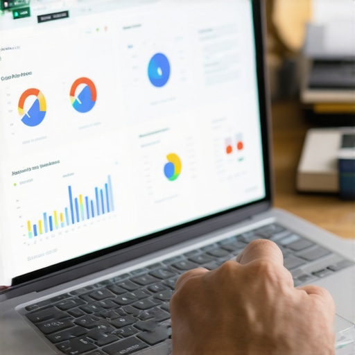 Business owner optimizing Google My Business profile on a laptop with analytics.