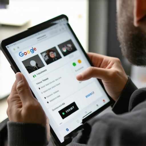 Business owner updating Google My Business profile on a tablet in a workspace.