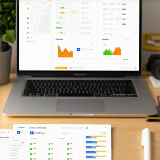 A workspace with SEO analytics tools, Google Maps snippets, and marketing software on a laptop screen.