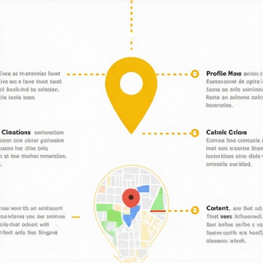 Infographic showing steps for optimizing Google Maps visibility including profile setup, reviews, citations, content, and analytics.