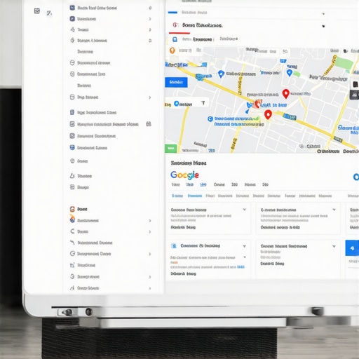 Laptop screen showing Google My Business profile with local search rankings.