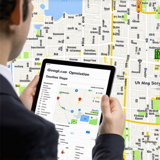 Business owner analyzing maps and local SEO checklist on tablet.