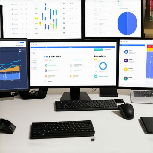 A person analyzing local SEO data and citations on multiple computer screens, illustrating ongoing maintenance strategies.