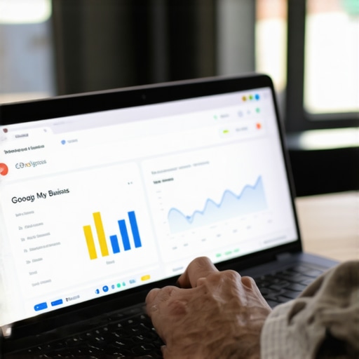 Business owner optimizing Google My Business profile on laptop with analytics