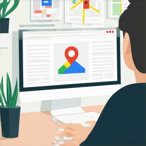 Person working on Google My Business profile on a laptop with maps and SEO icons around