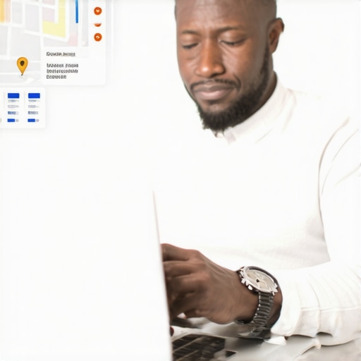 Person updating GMB profile on laptop with maps and reviews on screen.