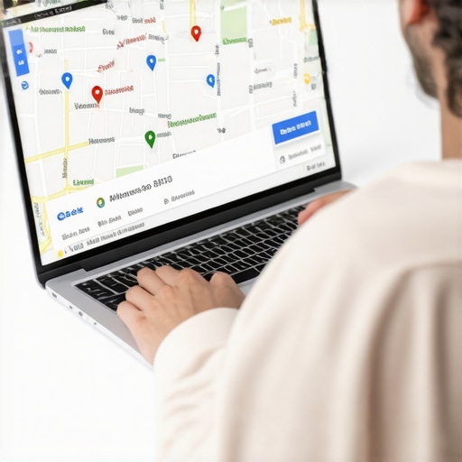 Person working on Google My Business profile on laptop with maps and keywords
