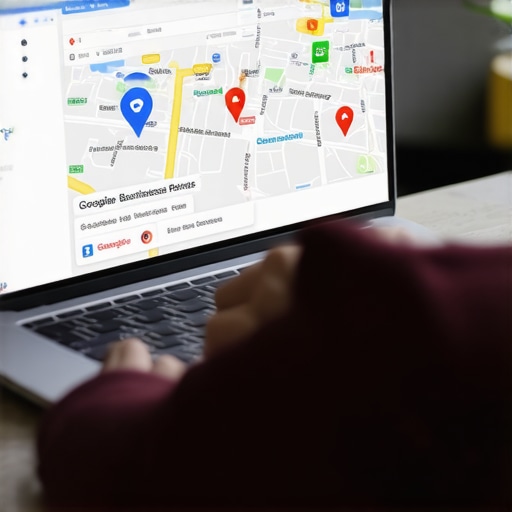 Person editing Google Business Profile on a laptop with maps and SEO icons