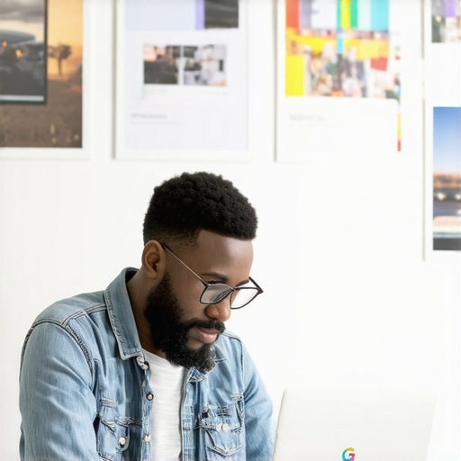 Business owner editing Google My Business profile on laptop in local shop