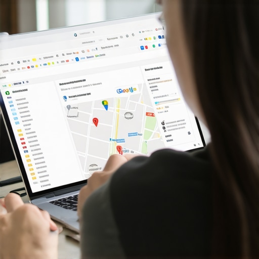 Person reviewing local SEO analytics on a laptop with Google Maps on screen.