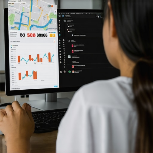 Digital Local SEO Maintenance Tools Person analyzing local SEO performance metrics on a computer for maps marketing.