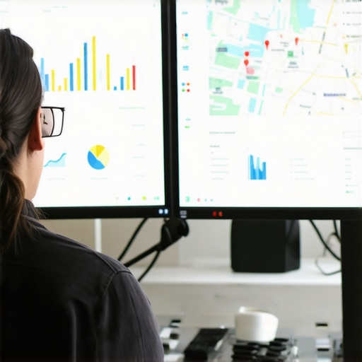 Person analyzing local SEO metrics on computer monitors showing maps and graphs.
