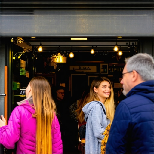Local Business Exterior with Happy Customers A vibrant storefront bustling with customers and clear signage, inviting walk-ins.