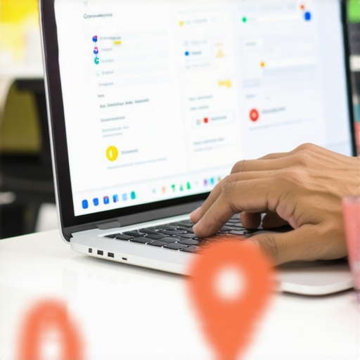 Person working on Google My Business profile on laptop with local search icons