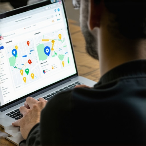 Optimizing Google My Business Profile for 2026 A person editing their business profile online with maps and analytics in the background.