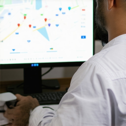 Digital marketer reviewing local SEO analytics on computer, focusing on Google Maps performance.