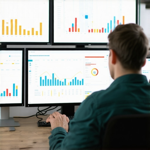 A person reviewing local SEO analytics on computer screens in an office.