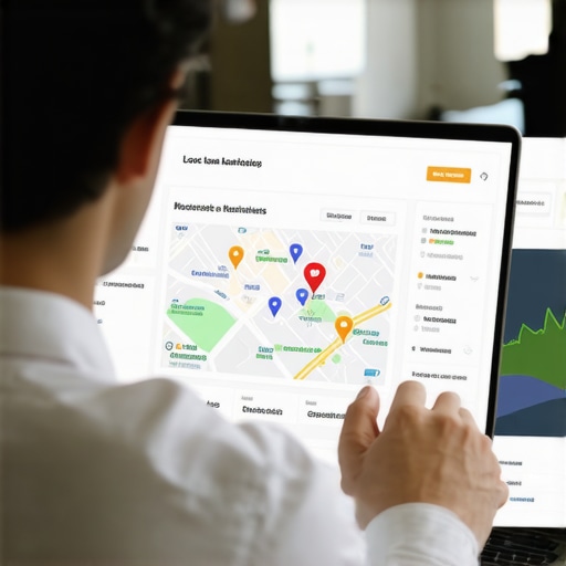 Person managing local business listings on computer and tablet with maps and analytics