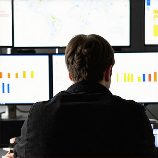 Person analyzing local SEO metrics on multiple screens focused on maps and charts
