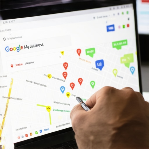Person editing Google My Business listing on laptop with local maps on screen.