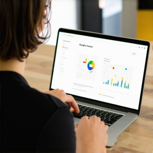 Business owner updating Google My Business listing on a laptop with maps and analytics visible.