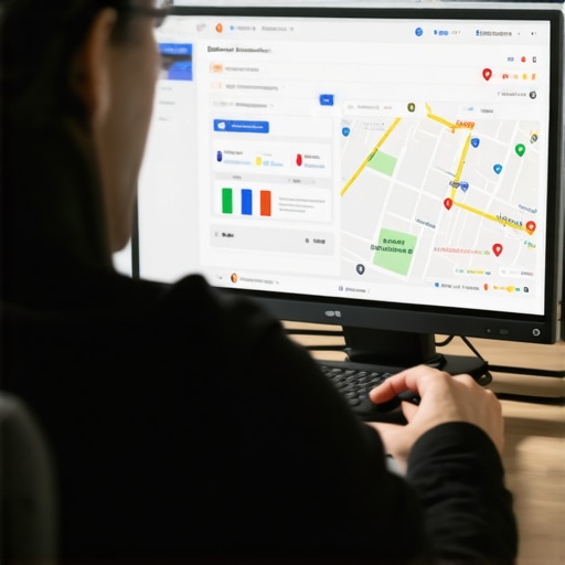 Business owner updating Google My Business profile on a laptop, focusing on maps and analytics.