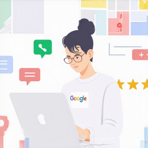 Person editing Google My Business listing on laptop with maps and review icons