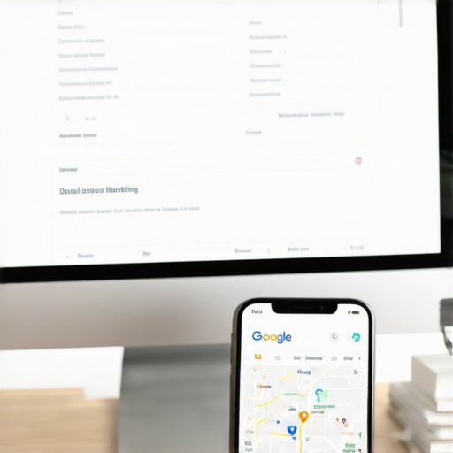 Computer screen with SEO dashboards, smartphone with Google Maps, illustrating local SEO tools.