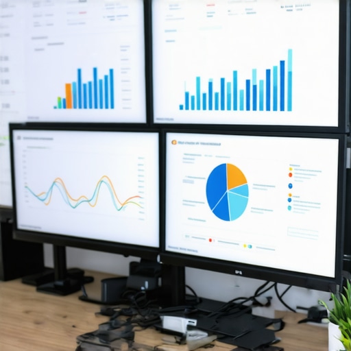 A person analyzing local SEO data on multiple screens displaying dashboards and analytics