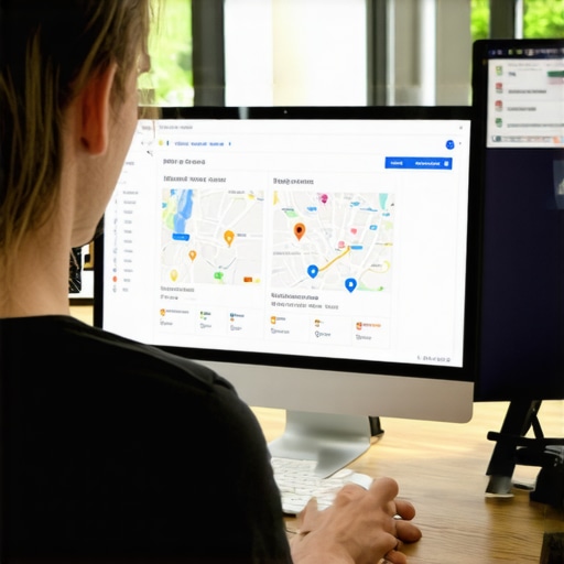 Person reviewing local SEO analytics on a laptop with Google Maps in the background.