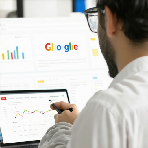 Person analyzing local SEO metrics on a computer with Google Maps and analytics dashboards.