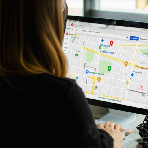 Business owner optimizing Google My Business profile on desktop with local map view.