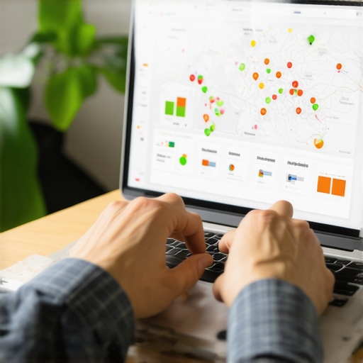 Person reviewing local SEO metrics and map performance on a laptop in an office