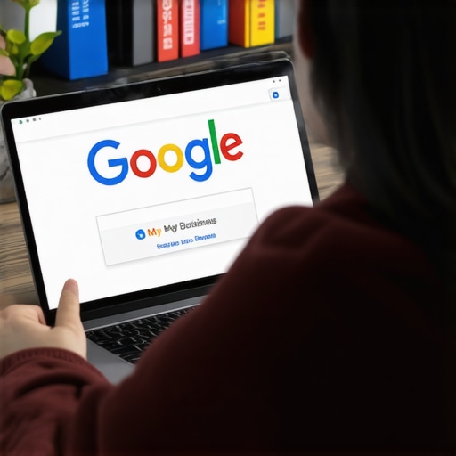 Person optimizing their Google My Business listing on a laptop with digital marketing icons.