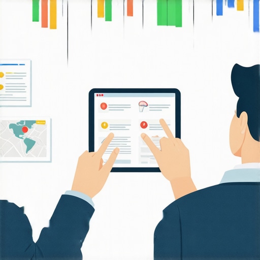 A business owner reviewing and managing multiple local SEO listings and reviews on a laptop, with maps and analytics charts in the background.