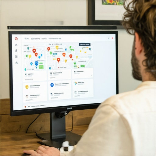 Business owner updating Google My Business profile on a laptop with analytics charts and map icons.